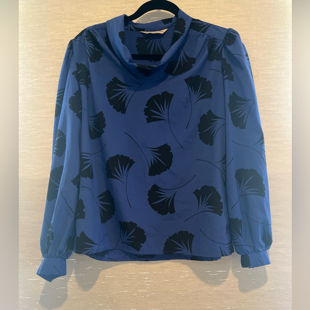 Rhodes Collection Vintage 80s Blue Black Floral Cowl Neck Blouse L
